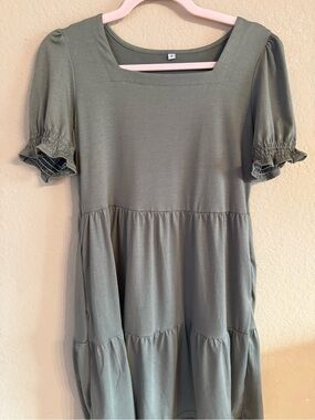 Olive Green Summer Peasant Midi Dress